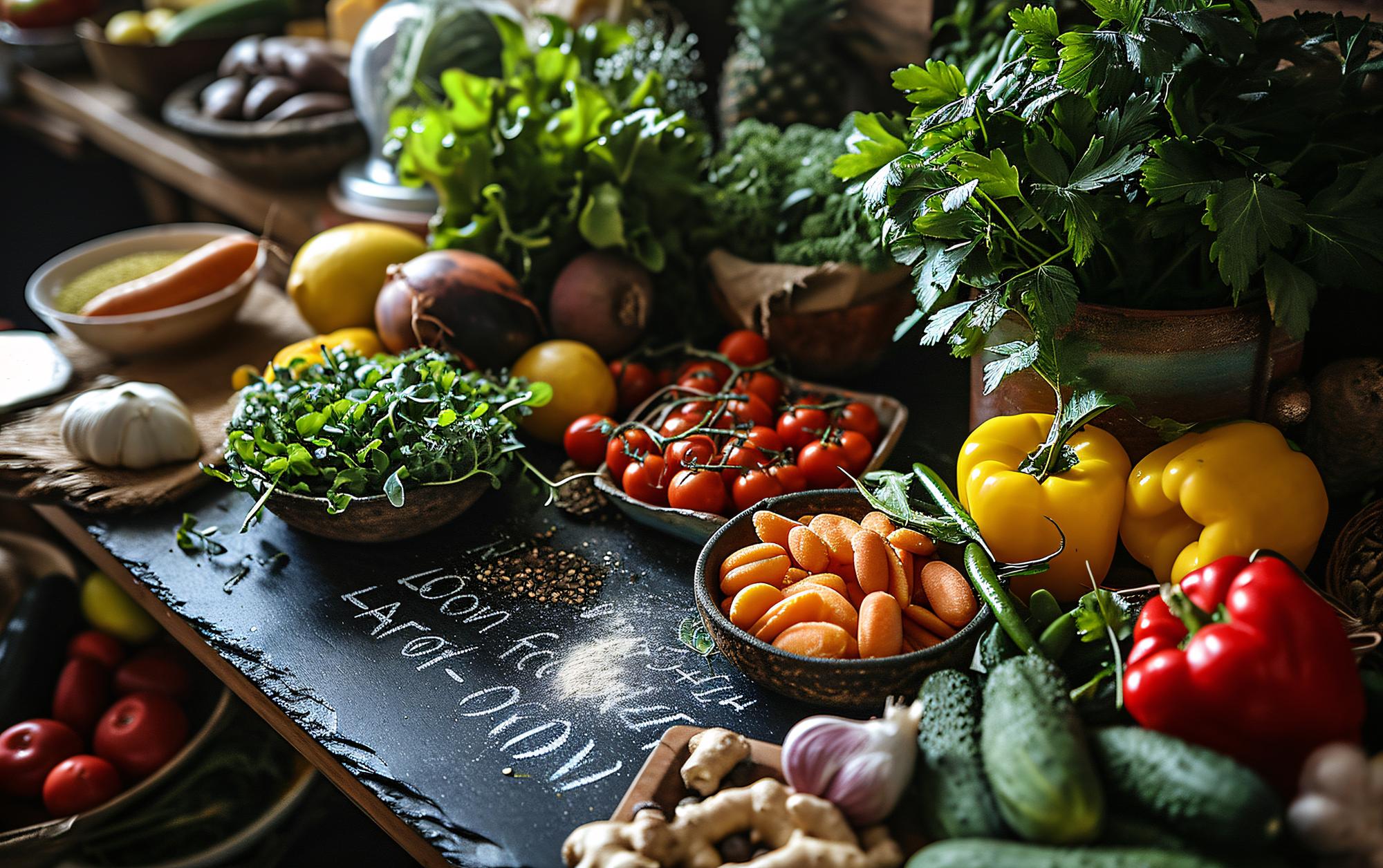 Seasonal produce arranged on a bench